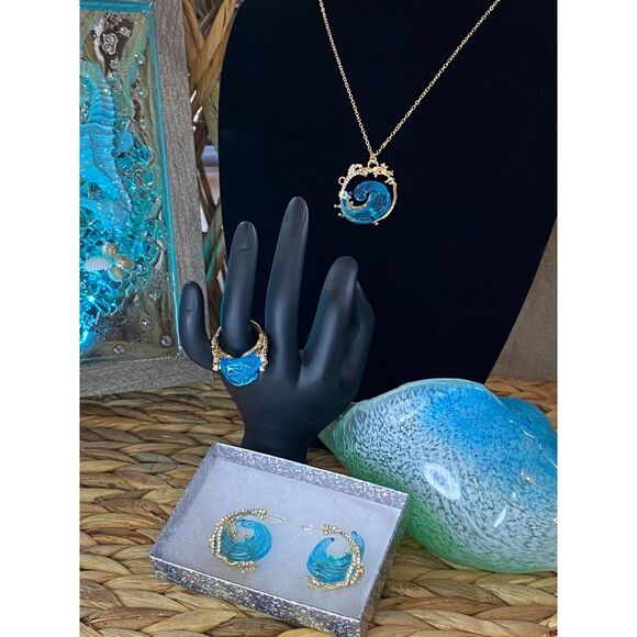 OCEAN’S OATH Blue Wave Ocean Earrings Necklace Ring Sz 8 Jewelry Set Beach Gift - Picture 1 of 10